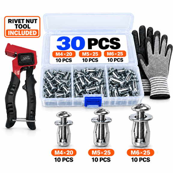 Rivet Nut Button Rivet Locking Nuts Set with Manual Setting Tool M4 x 20 M5 x 25 M6 x 25 Zinc Plated Carbon Steel Petal Expansion Anchors with Work Gloves for Hollow Panels