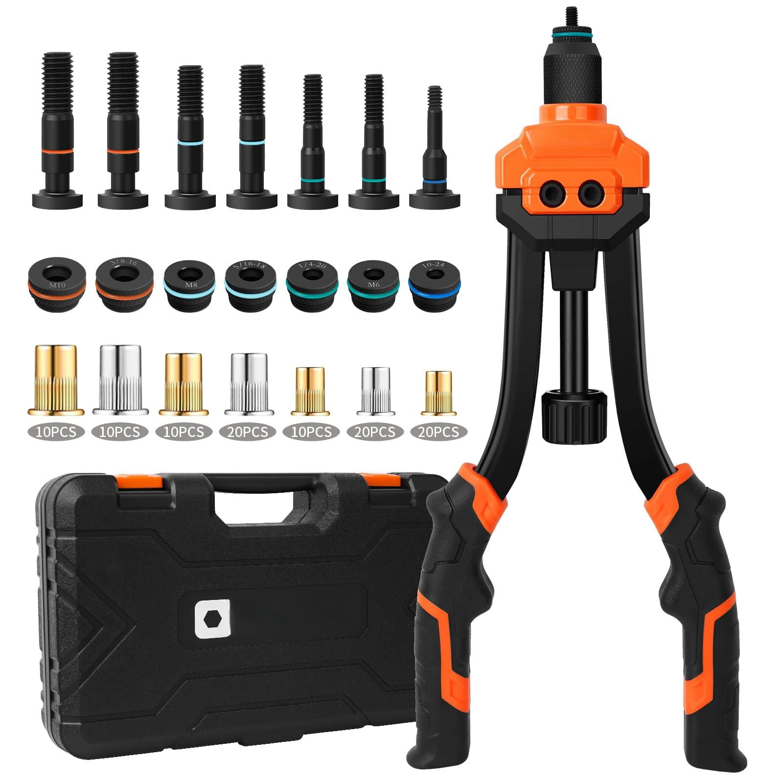 Rivet Nut Tool  14" Rivnut With 100 Nuts And 7 Metric & Inch Mandrels M6 M8 M10 1/4-20 5/16-18 3/8-16 10-24 Rugged Carrying Case