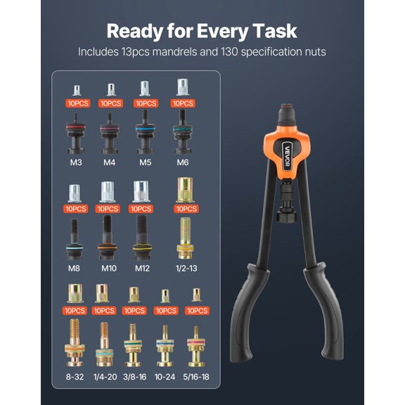 Rivet Nut Tool Kit,17-"Rivnut Tool Kit,with 13 Mandrels&130 Nuts,Metric&SAE Size M3,M4,M5,M6,M8,M10,M12,1/2-13,8-32,10-24,1/4-20,5/16-18,3/8-16 UNC,a Carrying Case