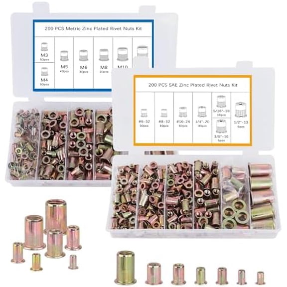 Rivet Nut Tool Kit, 400 count  & Metric Rivet Nut ,   Flat  Inserts Nutserts for (Standard #6 to 1/2, M3 to M12, 14 Sizes)