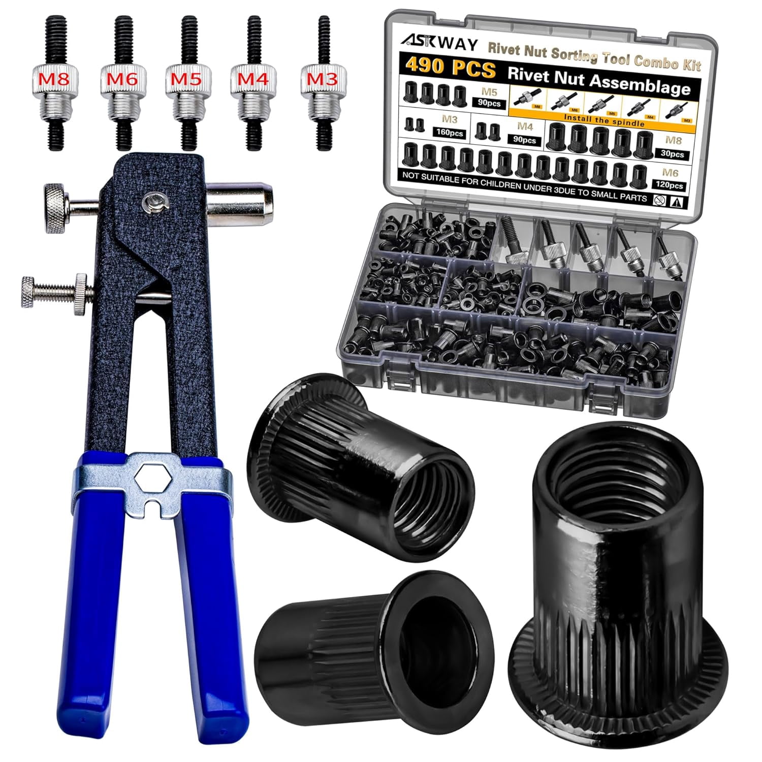 Rivet Nut Tool Kit, 490Pcs Black Zinc Metric Rivet Nut Combination (M8/M6/M5/M4/M3), Suitable for Automotive, Marine and Industrial Applications (Black 490PCS Rivet Nut Tool Kit)
