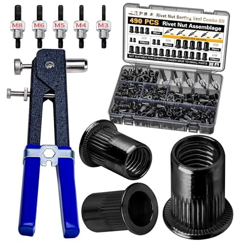 Rivet Nut Tool Kit, 490Pcs Black Zinc Metric Rivet Nut Combination (M8/M6/M5/M4/M3), Suitable for Automotive, Marine and Industrial Applications (Black 490PCS Rivet Nut Tool Kit)