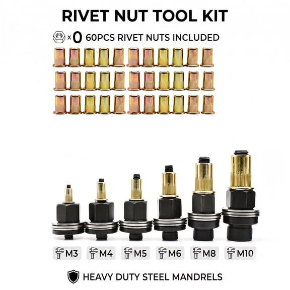 Rivet Nut Tool Kit, 6 Sizes M3-M10 Carbon Steel Hand Nutsert Tool Set, Heavy Duty Professional Rivnut Gun with Mandrels