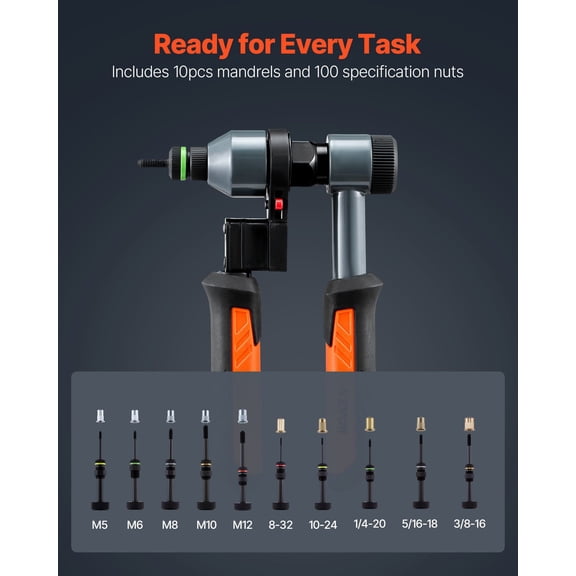 Rivet Nut Tool Kit,9-"Ratchet Rivnut Tool Kit,with 10 Mandrels&100 Nuts,Metric&SAE Size M5,M6,M8,M10,M12,8-32,10-24,1/4-20,5/16-18,3/8-16 UNC,with a Rugged Carrying Case