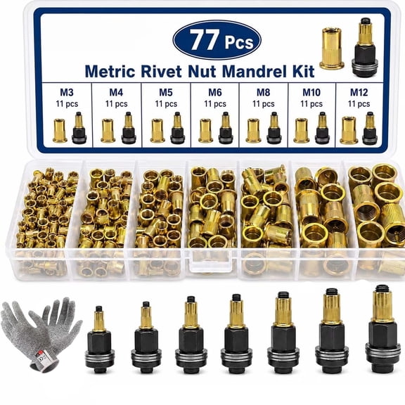 Rivet Nut Tool Kit, Carbon Steel Mandrel Set for Threaded Insert Nuts, Hand Riveter Tool Accessories for Sheet Metal DIY Fastening Projects