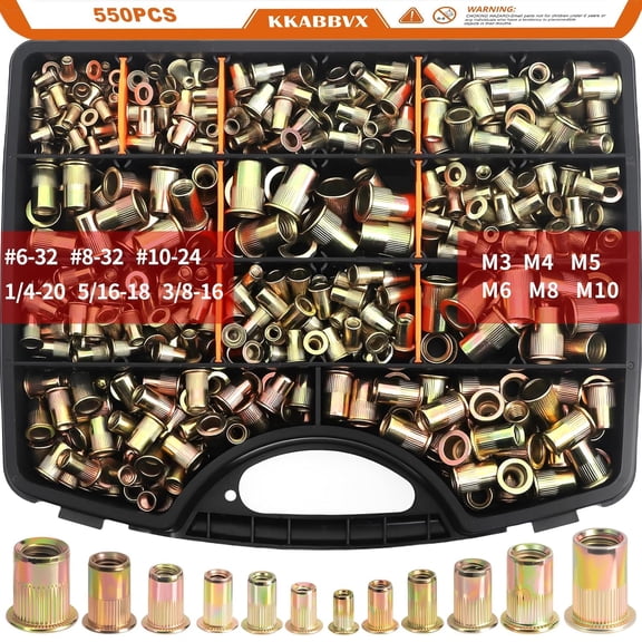 Rivet Nuts Assortment kit, 550pcs SAE & Metric Rivet Nut,Galvanized Carbon Steel Flat Head Threaded Rivet Sizes M3,M4,M5, M6,M8,M10,#6-32,#8-32,#10-24,20,5/16-18,3/8-16