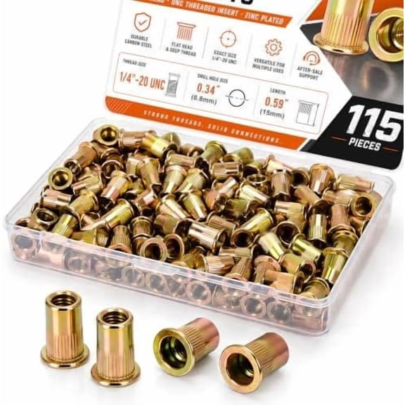 Rivet Nuts kit, 115 count Rivet Nut,Galvanized Carbon Steel Flat Threaded Rivet Sizes 1/4-20, Zinc Plated Nutsert Kit