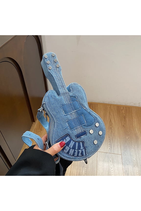 Rivet Patchwork Guitar Shape Denim Shoulder Crossbody Handheld Bag Small Square Bag Niche Design Cool Girl Unique Bag Internet Famous Creative Women Bag in Blue for Daily Outfits