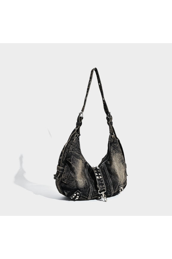 Rivet Quilted Patchwork Wash Denim Handbag Handheld Shoulder Crossbody Bag Large Capacity American Instagram Style Tote Bag Unique handbags in Black for Leisure Travel