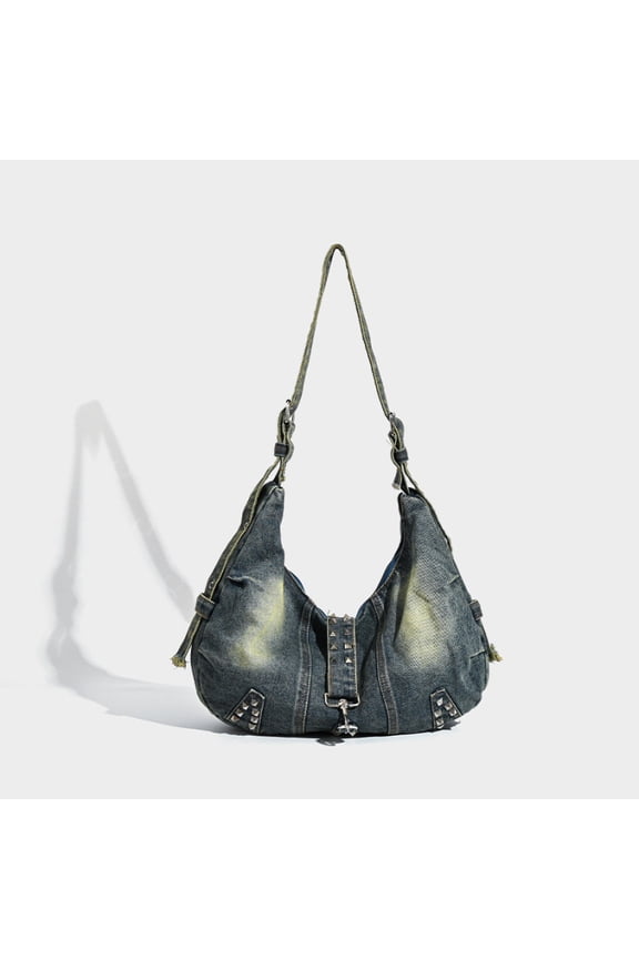 Rivet Quilted Patchwork Wash Denim Handbag Handheld Shoulder Crossbody Bag Large Capacity American Instagram Style Tote Bag Unique handbags in Black for Leisure Travel