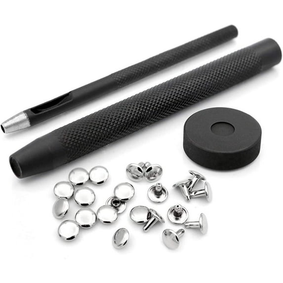 CRAFTME STUDIO 5mm Double Cap Rivet Setter Tool Kit with Block Anvil, Hole Cutter and 100 Silver Rivets, Leathercraft and DIY Supply