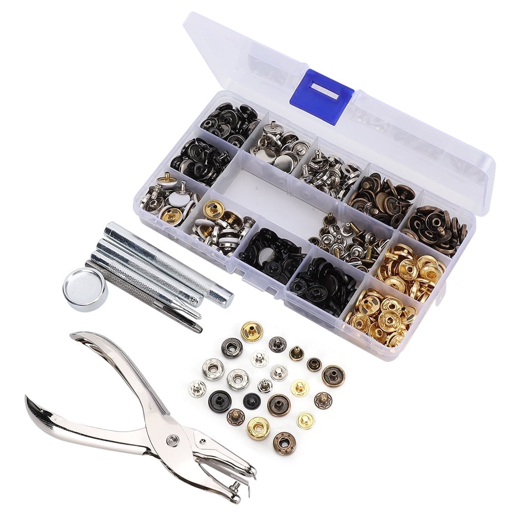 Rivet Snap Fastener Kit, 140 Set Rivet Buttons Press Studs Rapid Button Brass Metal Buttons Snap Fastener Kit with Installation Tools Punch Pliers 12.5mm for Clothes Jeans