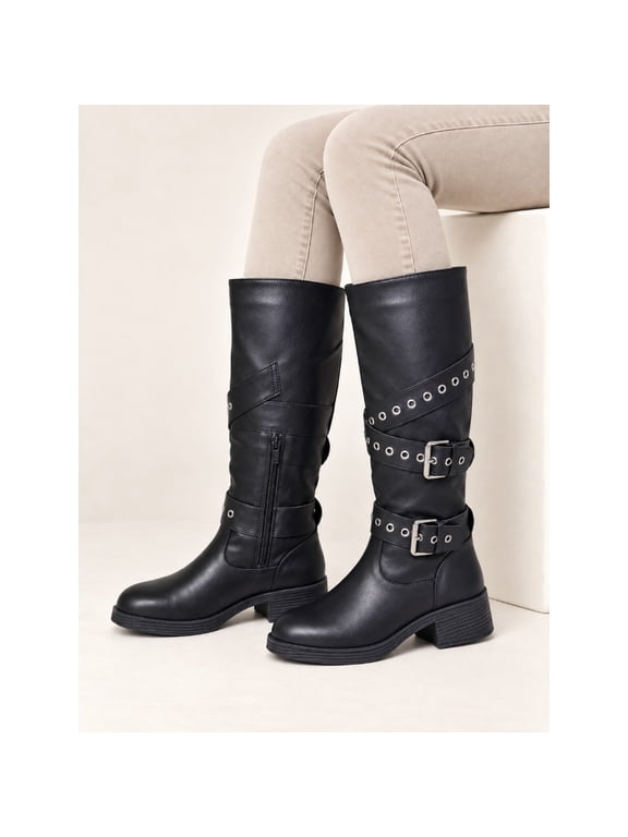 Rivet belt buckle boots women's autumn and winter new British style thick heel thin thick sole heightening western knight boots high boots