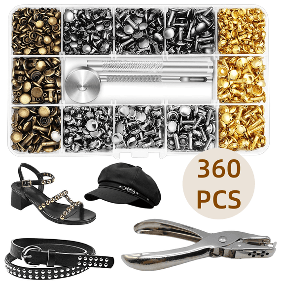 Rivets for Leather, 360 Sets Double Cap Leather Rivets with 4 Pieces Setting Tool Kit for Leather Craft Repairs Decoration