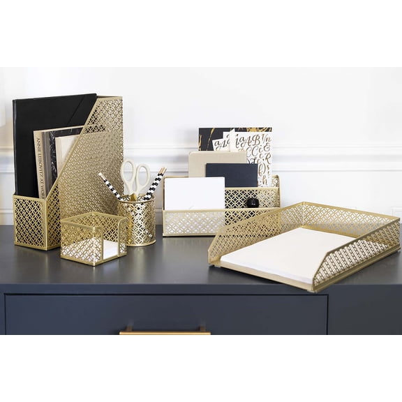 Blu Monaco 6 Piece Cute Gold Desk Organizer Set - Desk Organizers and Accessories for Women - Cute Office Gold Desk Accessories - Desktop Organization