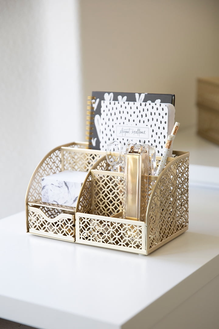 Riviera Designer Metal Desk Organizer with Drawer - Gold