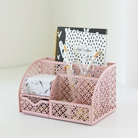 Riviera Designer Metal Desk Organizer with Drawer - Pink