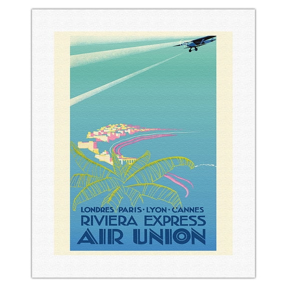 Riviera Express - London Paris Cannes - Air Union Bréguet 280T - Vintage Airline Travel Poster by Edmond Maurus c.1932 - Fine Art Rolled Canvas Print 16in x 20in