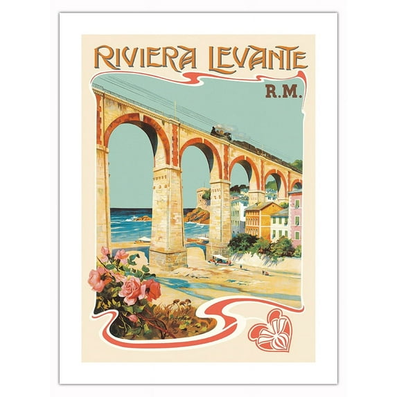 Riviera Levante - The Italian Riviera - Rete Mediterranea Railway (R.M.) - Vintage Railroad Travel Poster c.1890s - Fine Art Matte Paper Print (Unframed) 18x24in
