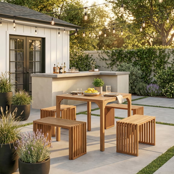 Riviera Extendable Bench (Set of 2) Natural Bench, Modern Style, Seats up to 2, Solid Acacia Wood, Outdoor Dining