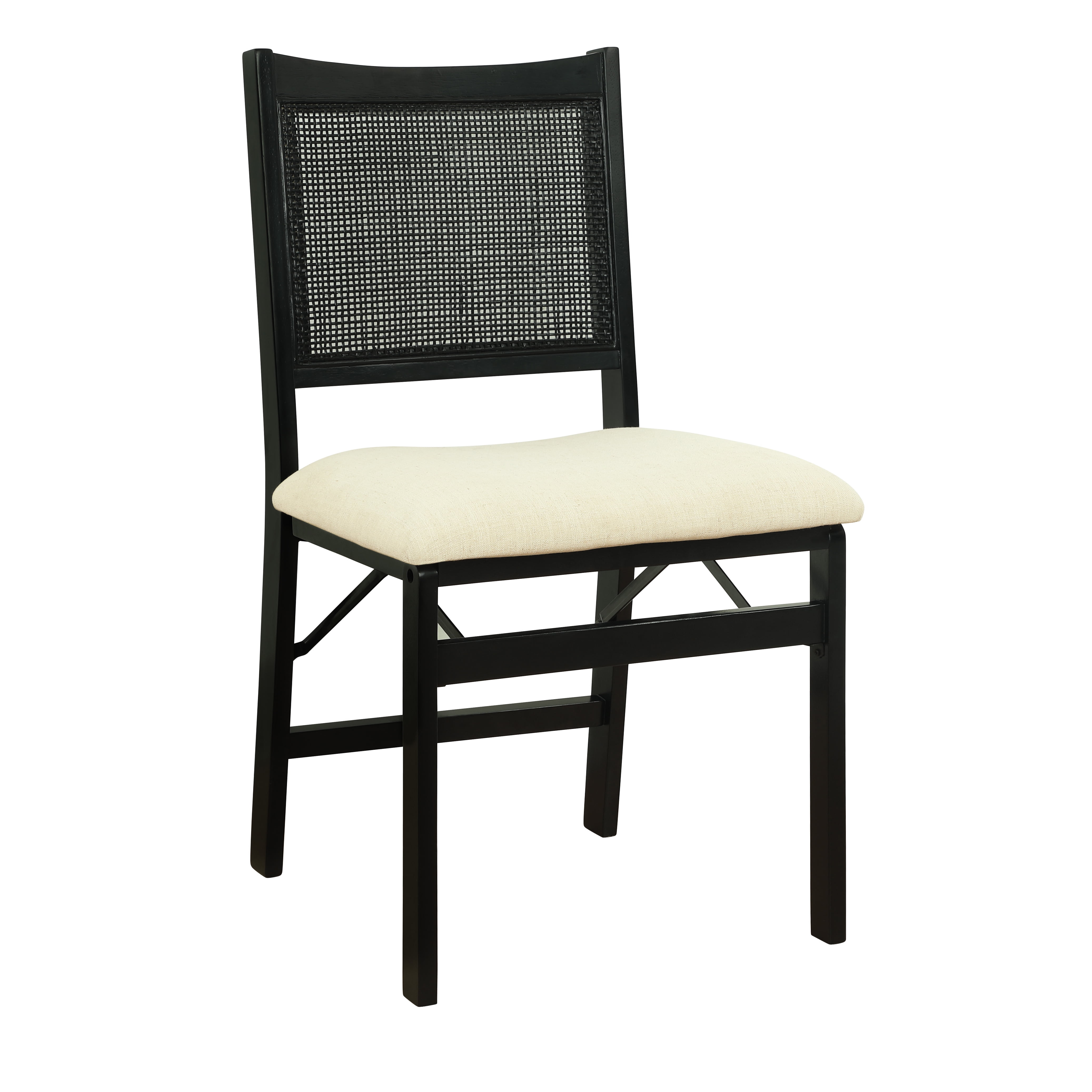 Riviera Rattan Back Folding Chair with Upholstered Seat, Black