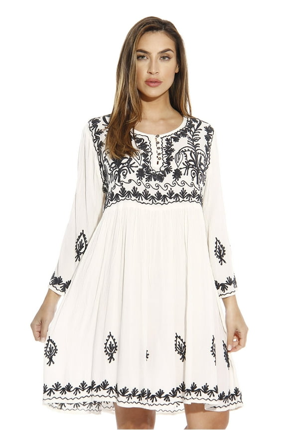 3/4 Sleeve Embroidered Button Front Tunic Dresses for Women (White, 3X)