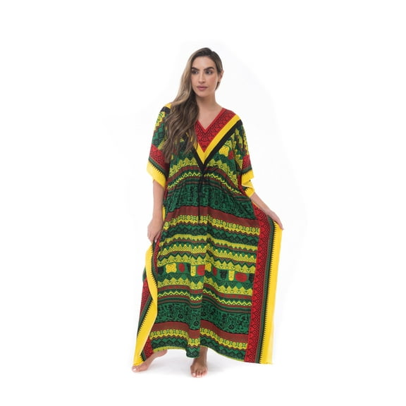 Riviera Sun African Print Dashiki Maxi Caftan for Women (Rasta Print 2, Large / X-Large)