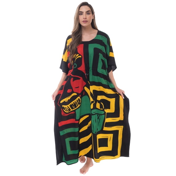Riviera Sun African Print Dashiki Maxi Caftan for Women (Rasta Print 4, 2X / 3X)