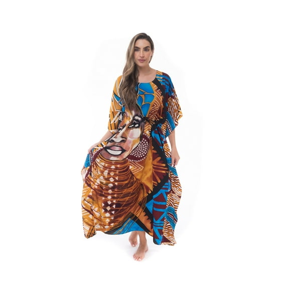 Riviera Sun African Print Dashiki Maxi Caftan for Women (Rasta Print 7, 2X / 3X)