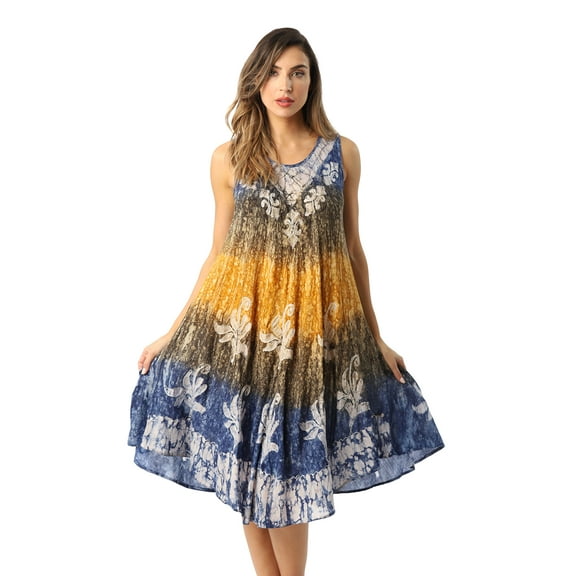 Riviera Sun Batik Marble Tie Dye Summer Dress Beach Cover up (Blue / Mustard, Small)
