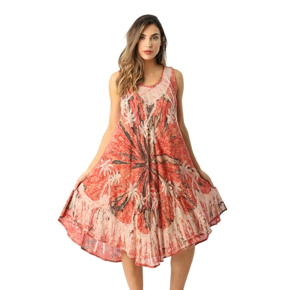 Riviera Sun Batik Marble Tie Dye Summer Dress Beach Cover up (Small, Hot Coral)