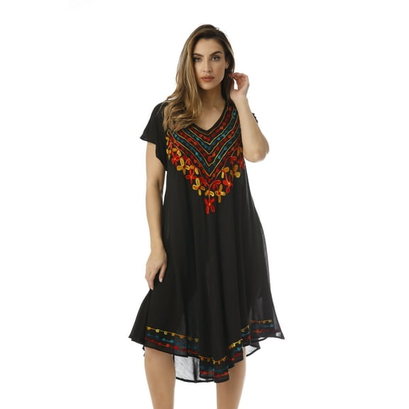 Riviera Sun Batik Tie Dye Summer Dress Beach Cover Up  (Black Rayon Crepe, Small)