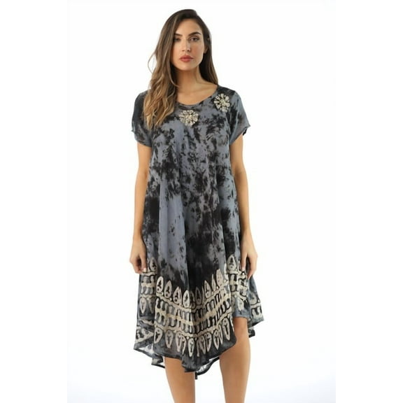 Riviera Sun Batik Tie Dye Summer Dress Beach Cover Up  (Black / White, Small)