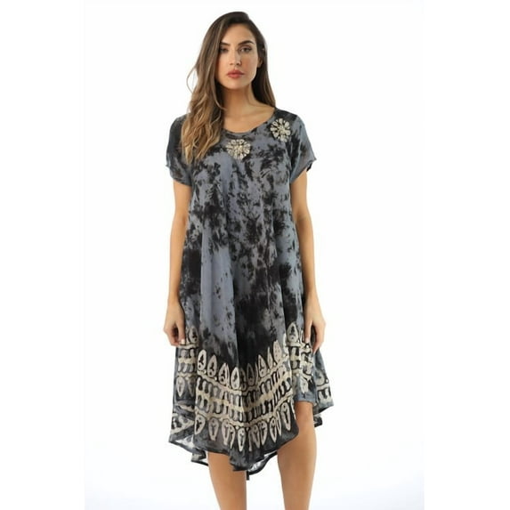 Riviera Sun Batik Tie Dye Summer Dress Beach Cover Up (Black / White, Small)