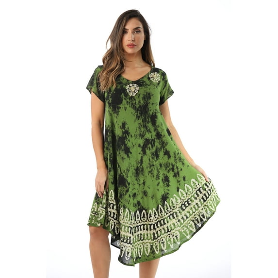 Riviera Sun Batik Tie Dye Summer Dress Beach Cover Up (Olive / White, 2X)