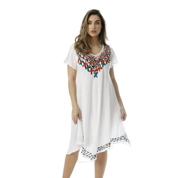 Riviera Sun Batik Tie Dye Summer Dress Beach Cover Up (White Rayon Crepe, 2X)