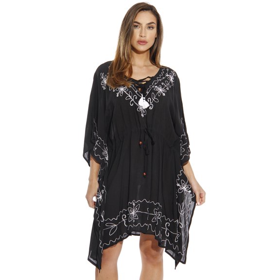 Riviera Sun Caftan / Caftans for Women (Black with White Embroidery, X-large)