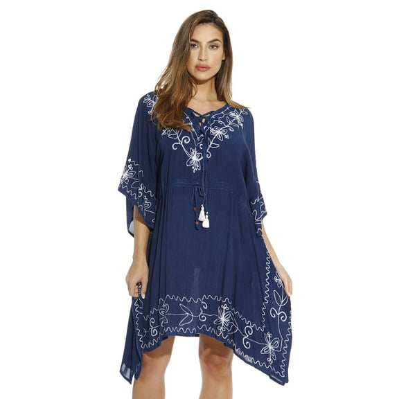 Riviera Sun Caftan / Caftans for Women (Dark Denim With White Embroidery, X-Large)