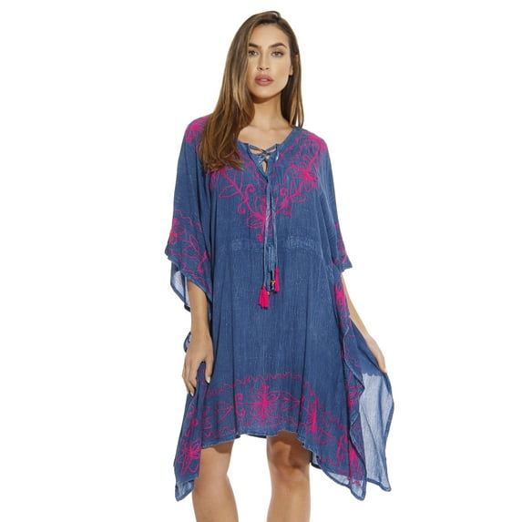 Riviera Sun Caftan / Caftans for Women (Medium Denim / Fuchsia, X-Large)