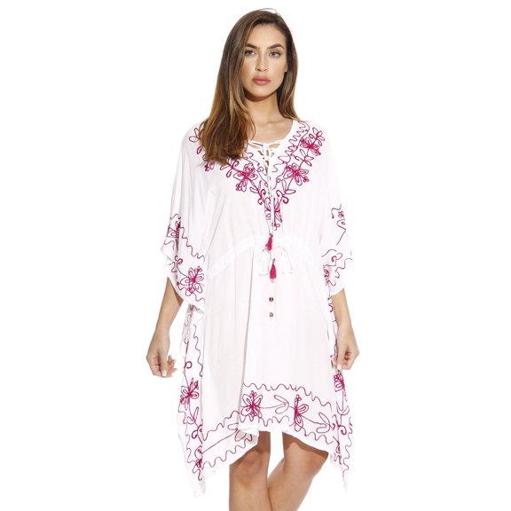 Riviera Sun Caftan / Caftans for Women (White / Majenta, X-Large)