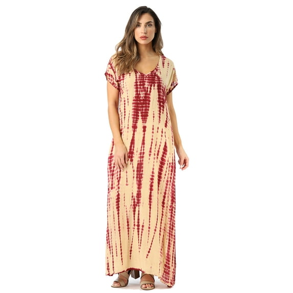 Riviera Sun Casual Short Sleeve Maxi Dress with Side Slit 21771-CHR-L (Burgundy / Beige, 2X)
