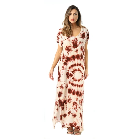 Riviera Sun Casual Short Sleeve Maxi Dress with Side Slit 21771-CHR-L (Chocolate / Beige, Large)