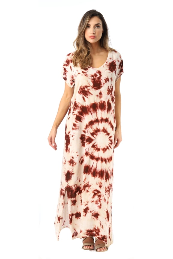 Casual Short Sleeve Maxi Dress with Side Slit 21771-CHR-L (Chocolate / Beige, Large)