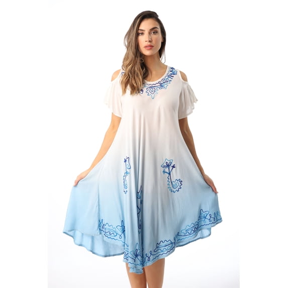 Riviera Sun Cold Shoulder Ombre Casual Sundress for Women (Sky Blue / White, Small)