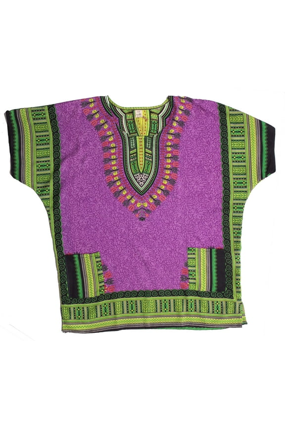 Dashiki-Style Shirt for Men with Pockets – Boho Print Casual Top (Purple, Large-X-Large)