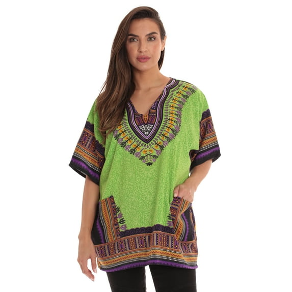 Riviera Sun Dashiki Shirt for Women with Pockets African Tribal Print Boho Top (Green, Large / X-Large)