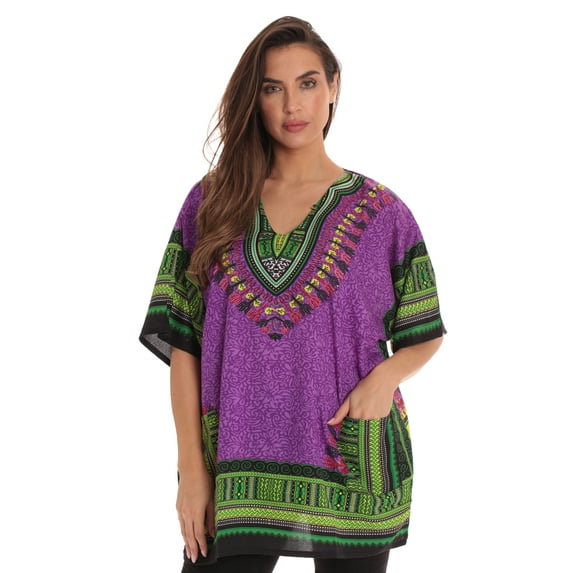 Riviera Sun Dashiki Shirt for Women with Pockets African Tribal Print Boho Top (Purple, Small / Medium)