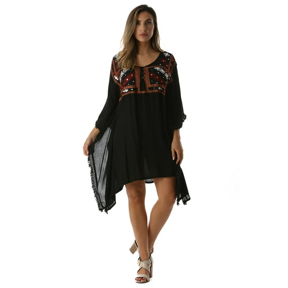Riviera Sun Dress / Dresses for Women (Black With Fringes, X-Large)