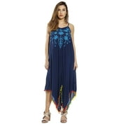 Riviera Sun Dress / Dresses for Women (Dark Denim with Turquoise Embroidery, X-large)