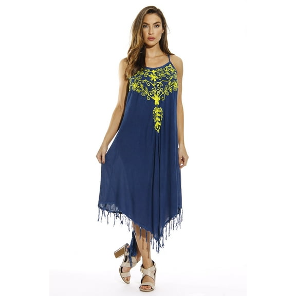 Riviera Sun Dress / Dresses for Women (Medium Denim with Yellow Embroidery, 2X)